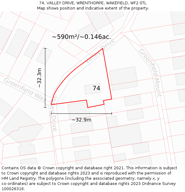 74, VALLEY DRIVE, WRENTHORPE, WAKEFIELD, WF2 0TL: Plot and title map