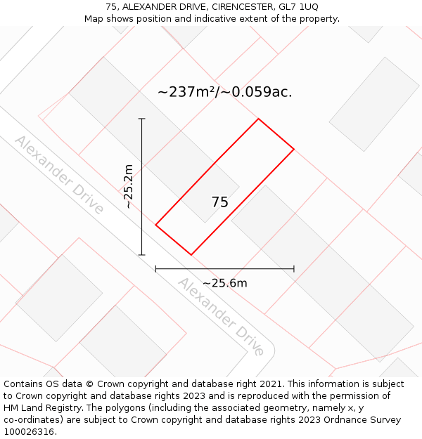 75, ALEXANDER DRIVE, CIRENCESTER, GL7 1UQ: Plot and title map