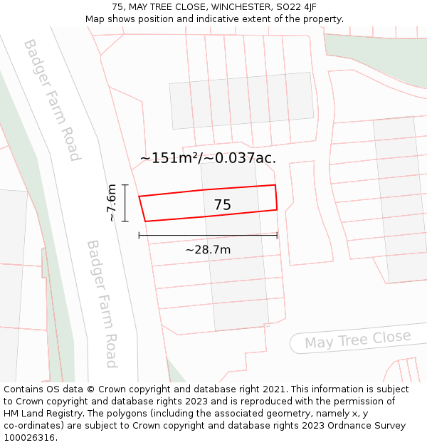 75, MAY TREE CLOSE, WINCHESTER, SO22 4JF: Plot and title map