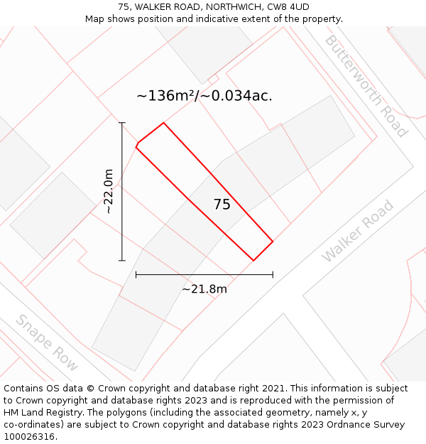 75, WALKER ROAD, NORTHWICH, CW8 4UD: Plot and title map