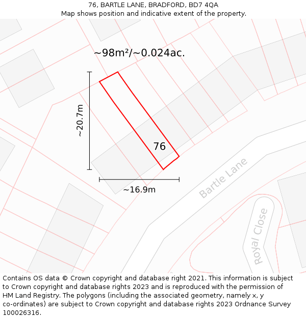76, BARTLE LANE, BRADFORD, BD7 4QA: Plot and title map