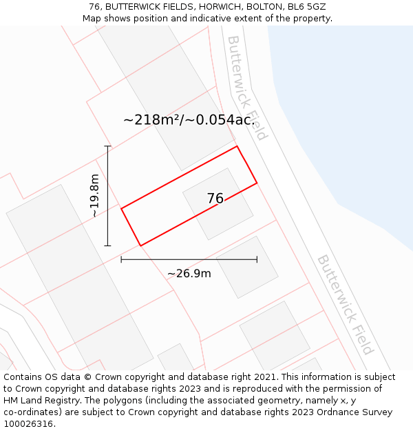 76, BUTTERWICK FIELDS, HORWICH, BOLTON, BL6 5GZ: Plot and title map