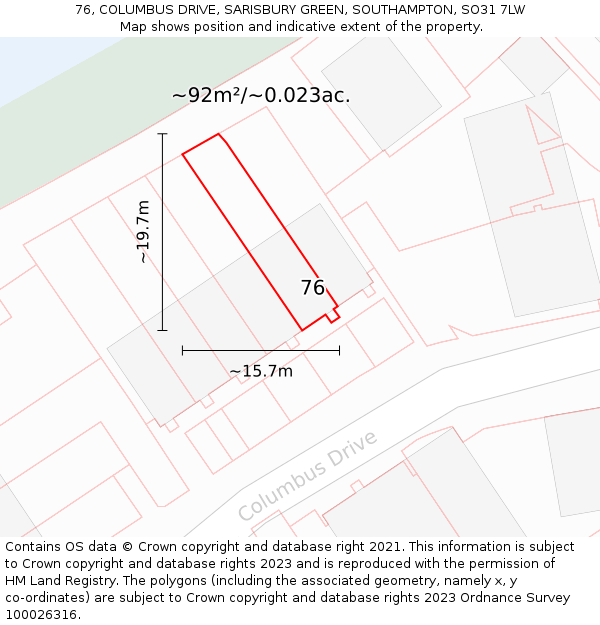 76, COLUMBUS DRIVE, SARISBURY GREEN, SOUTHAMPTON, SO31 7LW: Plot and title map