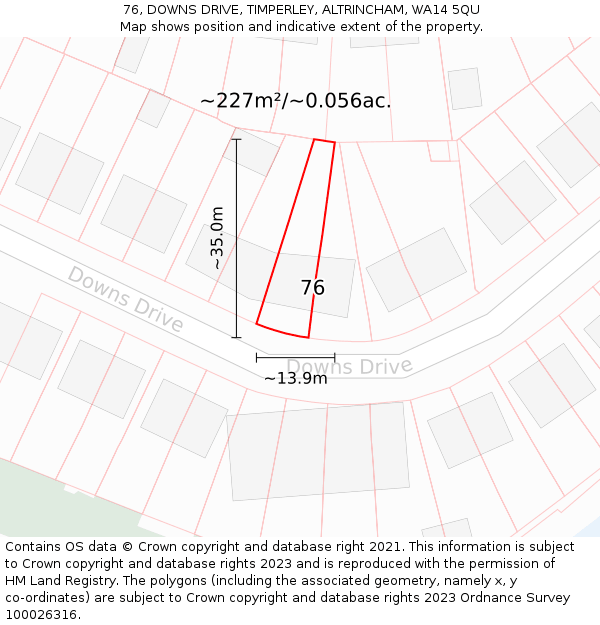 76, DOWNS DRIVE, TIMPERLEY, ALTRINCHAM, WA14 5QU: Plot and title map