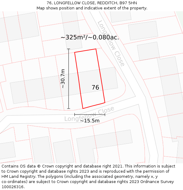 76, LONGFELLOW CLOSE, REDDITCH, B97 5HN: Plot and title map