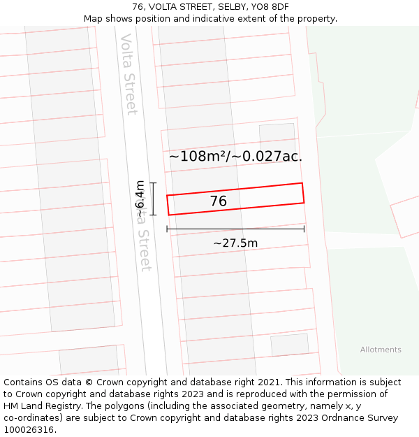 76, VOLTA STREET, SELBY, YO8 8DF: Plot and title map