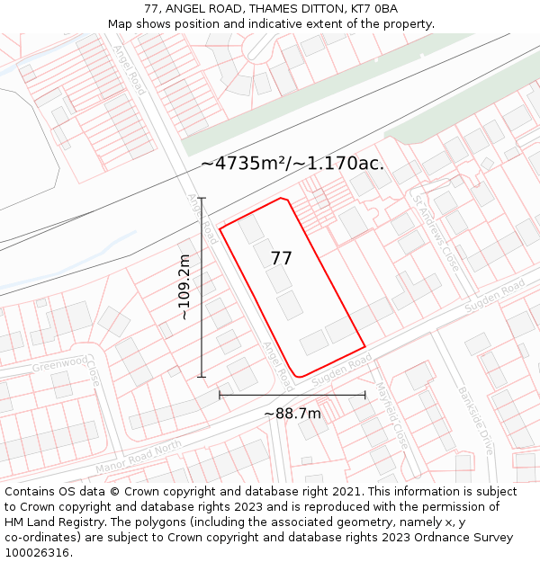 77, ANGEL ROAD, THAMES DITTON, KT7 0BA: Plot and title map