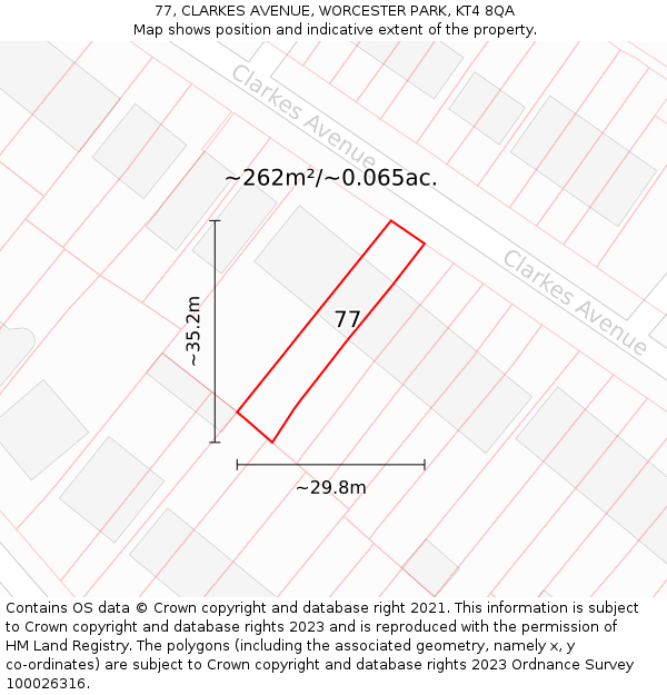 77, CLARKES AVENUE, WORCESTER PARK, KT4 8QA: Plot and title map