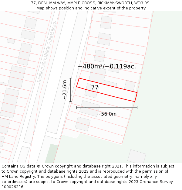77, DENHAM WAY, MAPLE CROSS, RICKMANSWORTH, WD3 9SL: Plot and title map