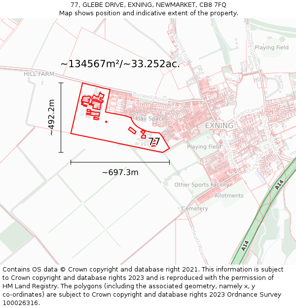 77, GLEBE DRIVE, EXNING, NEWMARKET, CB8 7FQ: Plot and title map