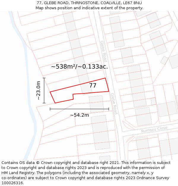 77, GLEBE ROAD, THRINGSTONE, COALVILLE, LE67 8NU: Plot and title map