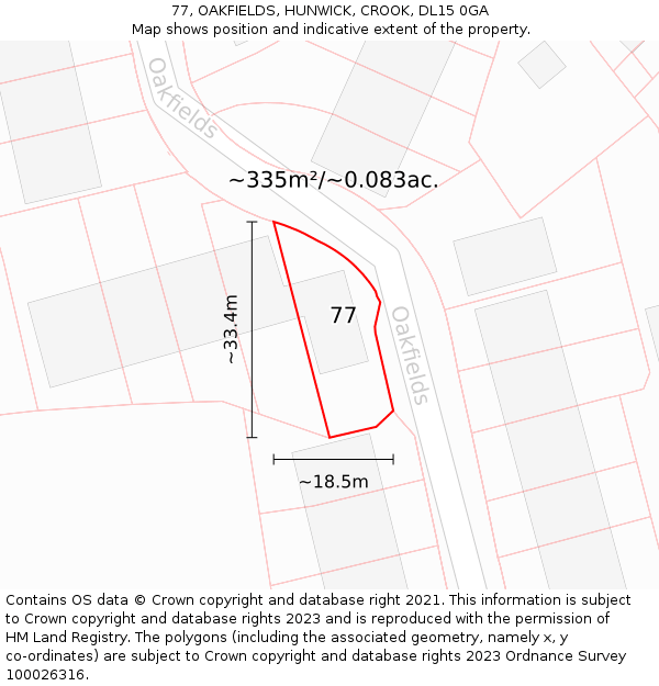 77, OAKFIELDS, HUNWICK, CROOK, DL15 0GA: Plot and title map