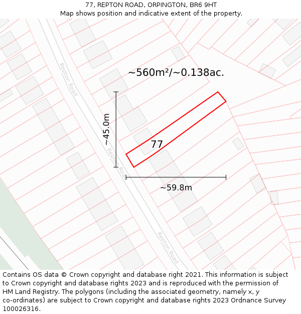 77, REPTON ROAD, ORPINGTON, BR6 9HT: Plot and title map