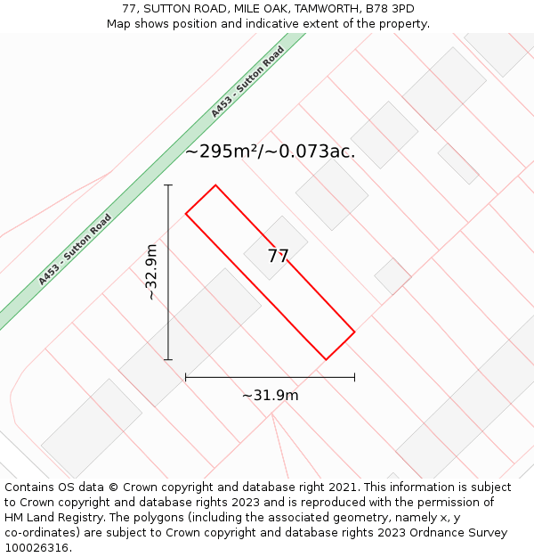 77, SUTTON ROAD, MILE OAK, TAMWORTH, B78 3PD: Plot and title map