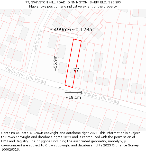 77, SWINSTON HILL ROAD, DINNINGTON, SHEFFIELD, S25 2RX: Plot and title map