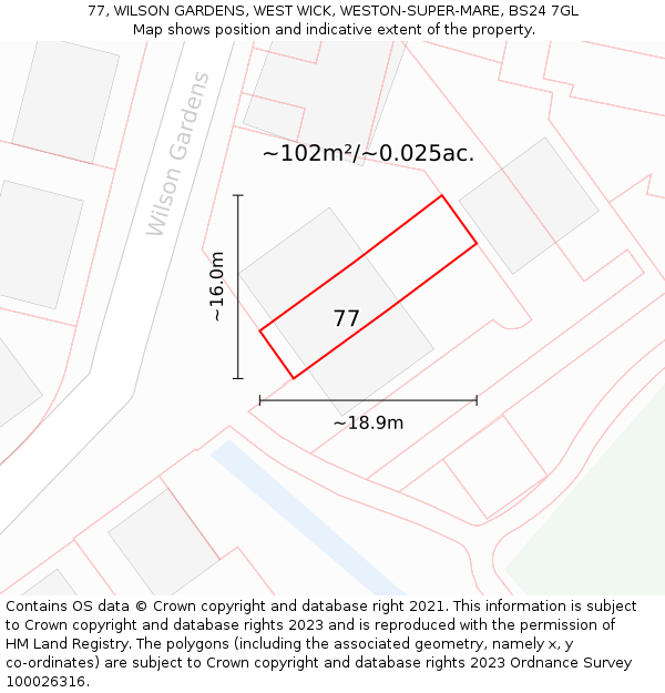 77, WILSON GARDENS, WEST WICK, WESTON-SUPER-MARE, BS24 7GL: Plot and title map