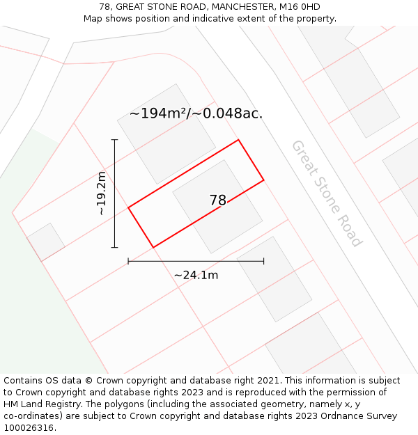 78, GREAT STONE ROAD, MANCHESTER, M16 0HD: Plot and title map
