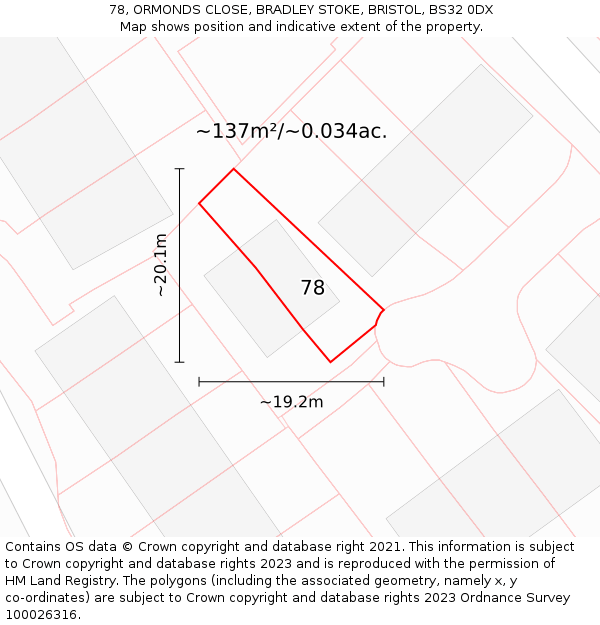 78, ORMONDS CLOSE, BRADLEY STOKE, BRISTOL, BS32 0DX: Plot and title map