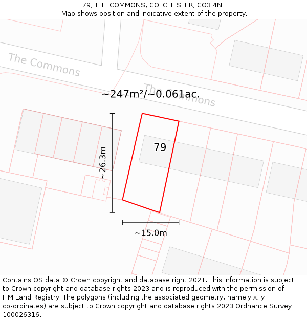 79, THE COMMONS, COLCHESTER, CO3 4NL: Plot and title map