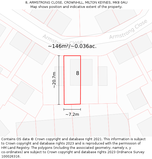 8, ARMSTRONG CLOSE, CROWNHILL, MILTON KEYNES, MK8 0AU: Plot and title map