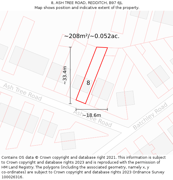 8, ASH TREE ROAD, REDDITCH, B97 6JL: Plot and title map