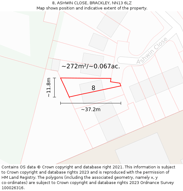 8, ASHWIN CLOSE, BRACKLEY, NN13 6LZ: Plot and title map