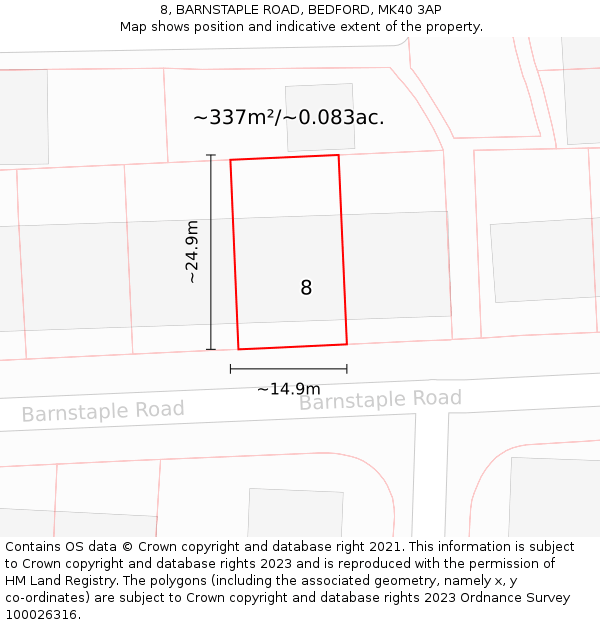 8, BARNSTAPLE ROAD, BEDFORD, MK40 3AP: Plot and title map