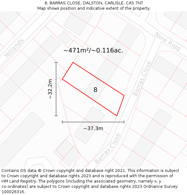 8, BARRAS CLOSE, DALSTON, CARLISLE, CA5 7NT: Plot and title map