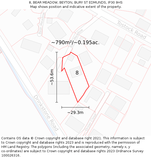 8, BEAR MEADOW, BEYTON, BURY ST EDMUNDS, IP30 9HS: Plot and title map