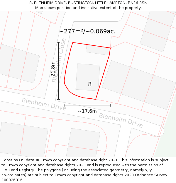 8, BLENHEIM DRIVE, RUSTINGTON, LITTLEHAMPTON, BN16 3SN: Plot and title map