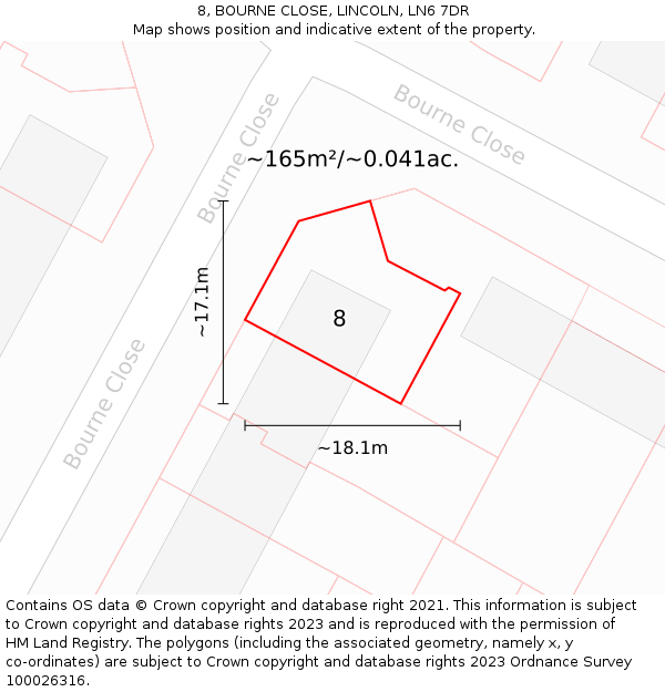 8, BOURNE CLOSE, LINCOLN, LN6 7DR: Plot and title map