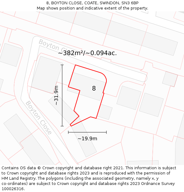 8, BOYTON CLOSE, COATE, SWINDON, SN3 6BP: Plot and title map