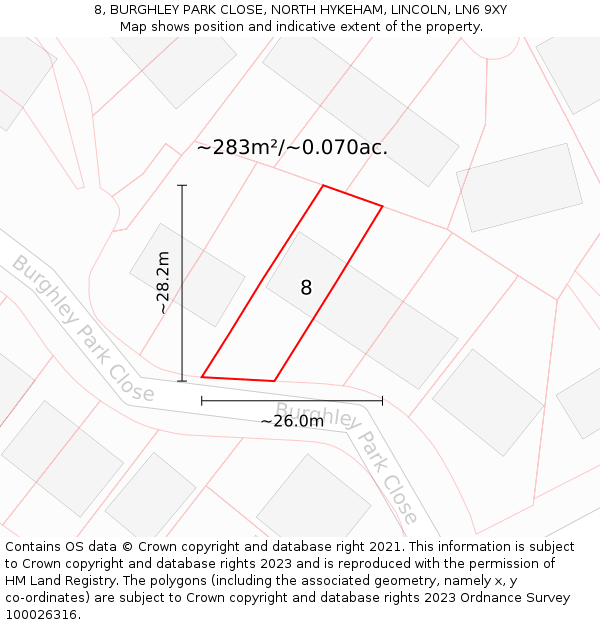 8, BURGHLEY PARK CLOSE, NORTH HYKEHAM, LINCOLN, LN6 9XY: Plot and title map
