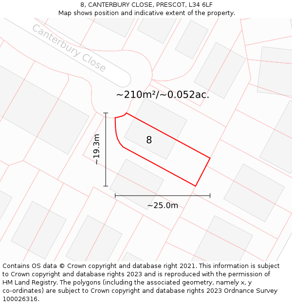 8, CANTERBURY CLOSE, PRESCOT, L34 6LF: Plot and title map
