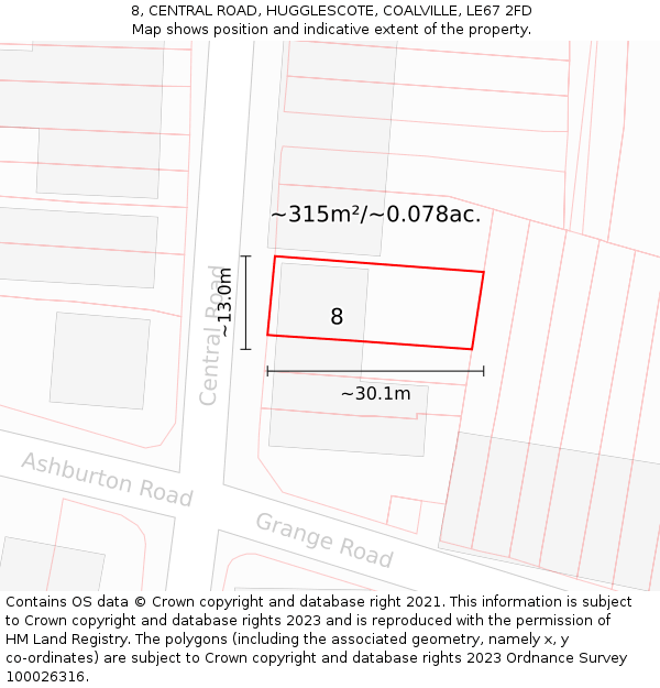 8, CENTRAL ROAD, HUGGLESCOTE, COALVILLE, LE67 2FD: Plot and title map