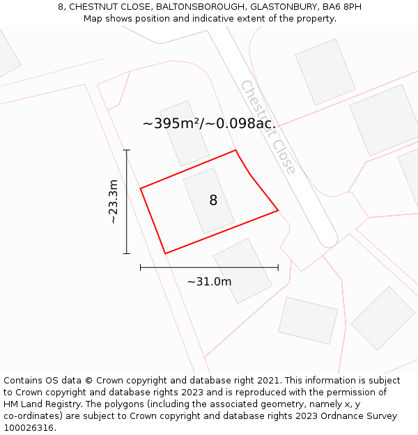 8, CHESTNUT CLOSE, BALTONSBOROUGH, GLASTONBURY, BA6 8PH: Plot and title map