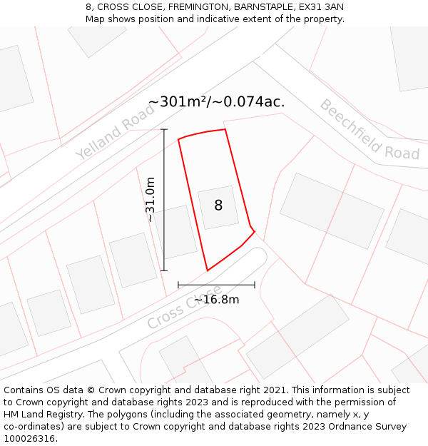 8, CROSS CLOSE, FREMINGTON, BARNSTAPLE, EX31 3AN: Plot and title map