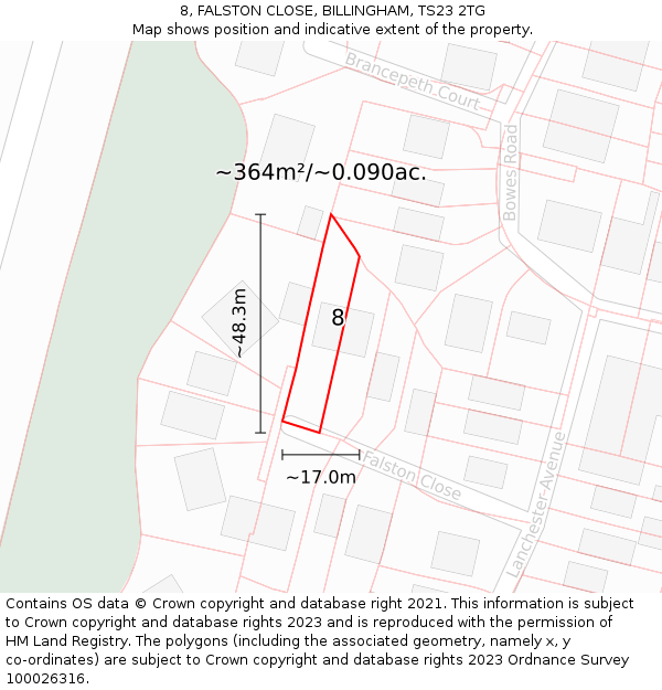 8, FALSTON CLOSE, BILLINGHAM, TS23 2TG: Plot and title map