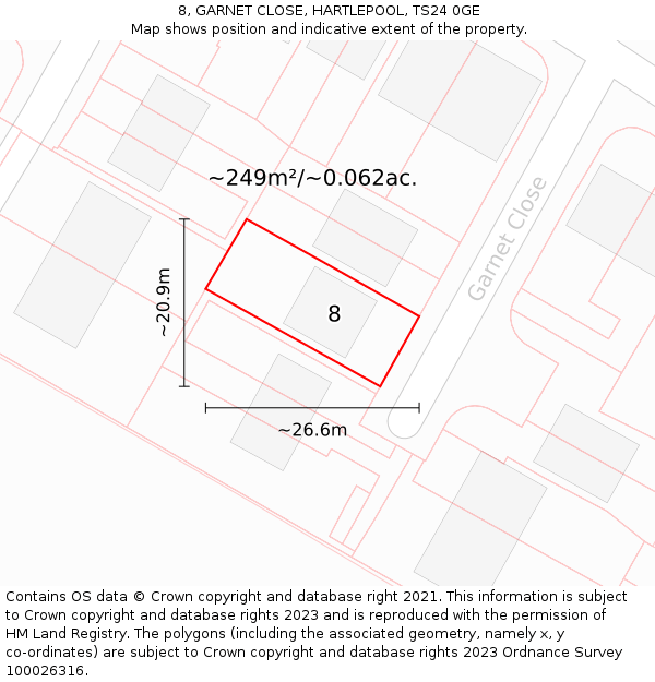 8, GARNET CLOSE, HARTLEPOOL, TS24 0GE: Plot and title map
