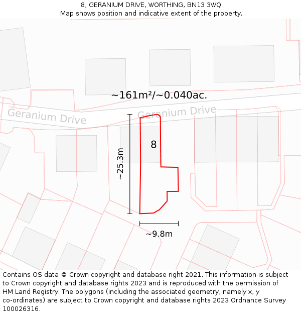 8, GERANIUM DRIVE, WORTHING, BN13 3WQ: Plot and title map