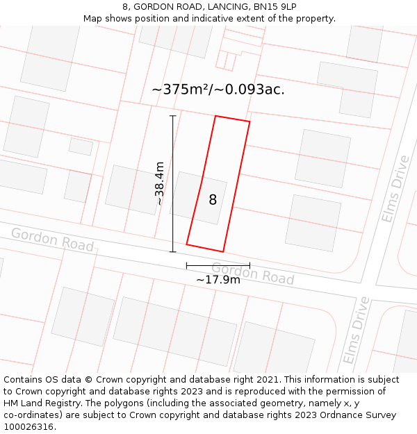 8, GORDON ROAD, LANCING, BN15 9LP: Plot and title map