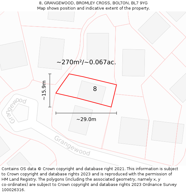 8, GRANGEWOOD, BROMLEY CROSS, BOLTON, BL7 9YG: Plot and title map