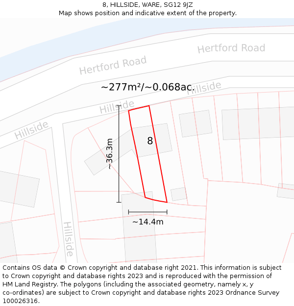 8, HILLSIDE, WARE, SG12 9JZ: Plot and title map