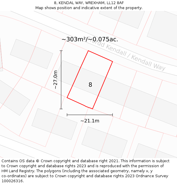 8, KENDAL WAY, WREXHAM, LL12 8AF: Plot and title map