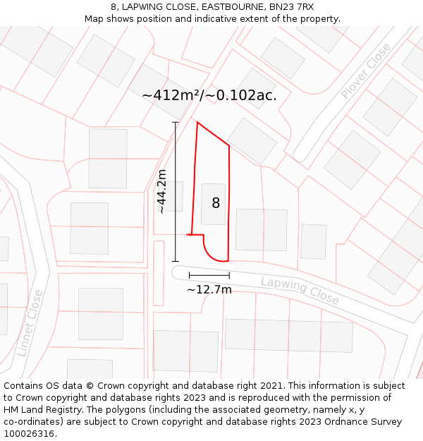 8, LAPWING CLOSE, EASTBOURNE, BN23 7RX: Plot and title map