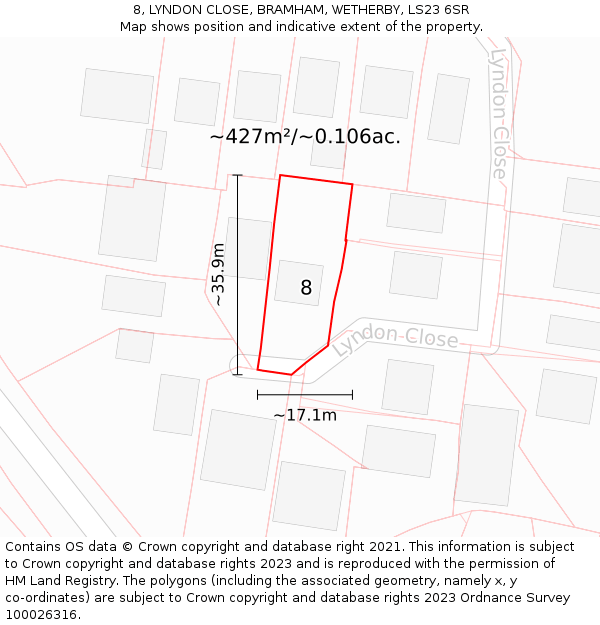 8, LYNDON CLOSE, BRAMHAM, WETHERBY, LS23 6SR: Plot and title map