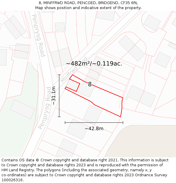 8, MINFFRWD ROAD, PENCOED, BRIDGEND, CF35 6RL: Plot and title map