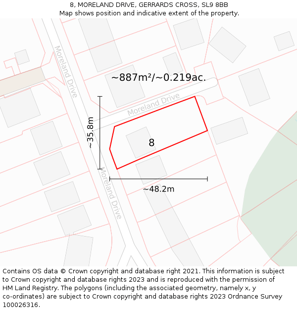 8, MORELAND DRIVE, GERRARDS CROSS, SL9 8BB: Plot and title map