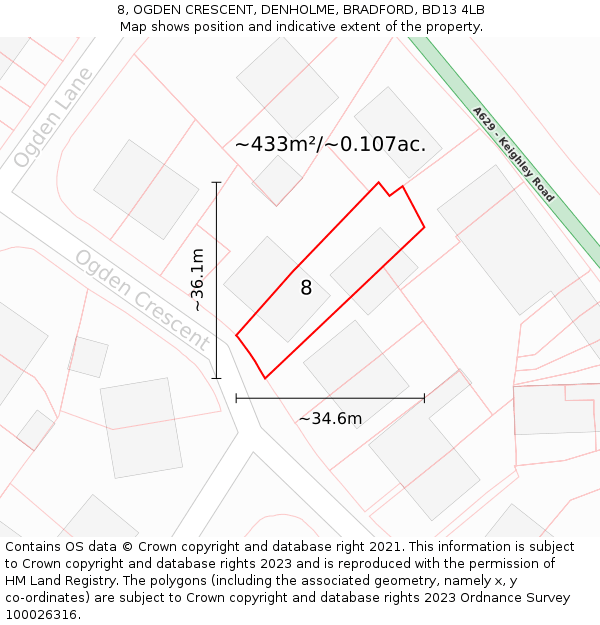 8, OGDEN CRESCENT, DENHOLME, BRADFORD, BD13 4LB: Plot and title map