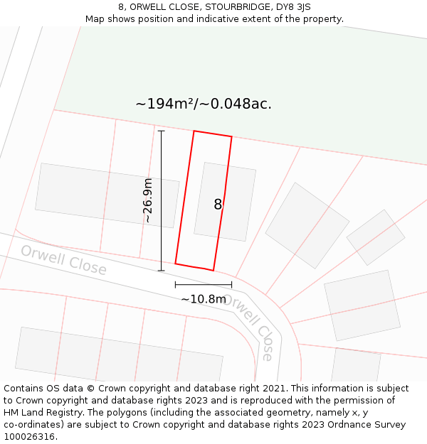 8, ORWELL CLOSE, STOURBRIDGE, DY8 3JS: Plot and title map